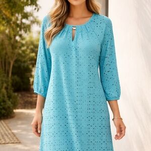 London Times Turquoise Eyelet Midi Dress